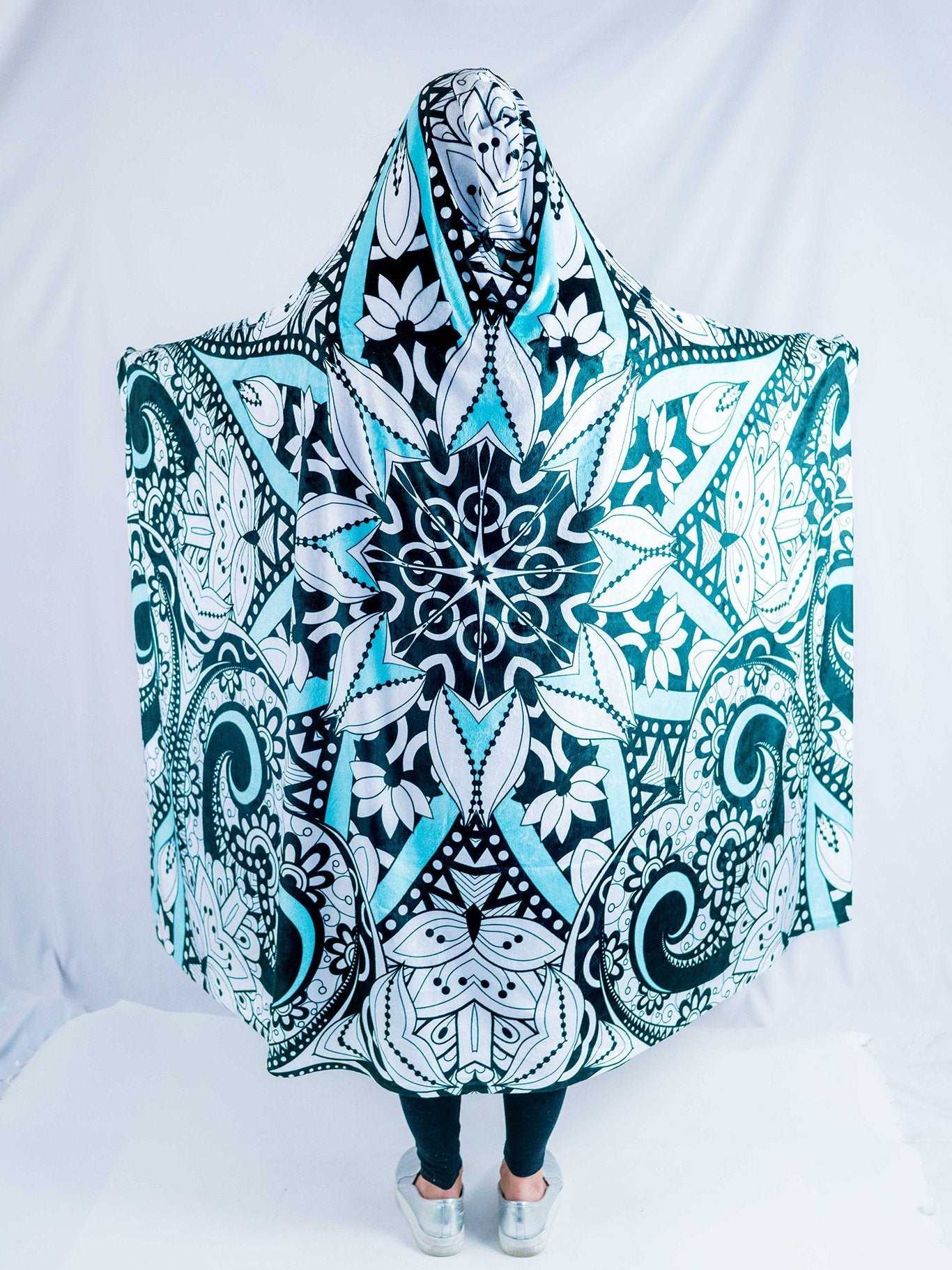 Black, Teal, and White Mandala Hooded Blanket Hooded Blanket Electro Threads 