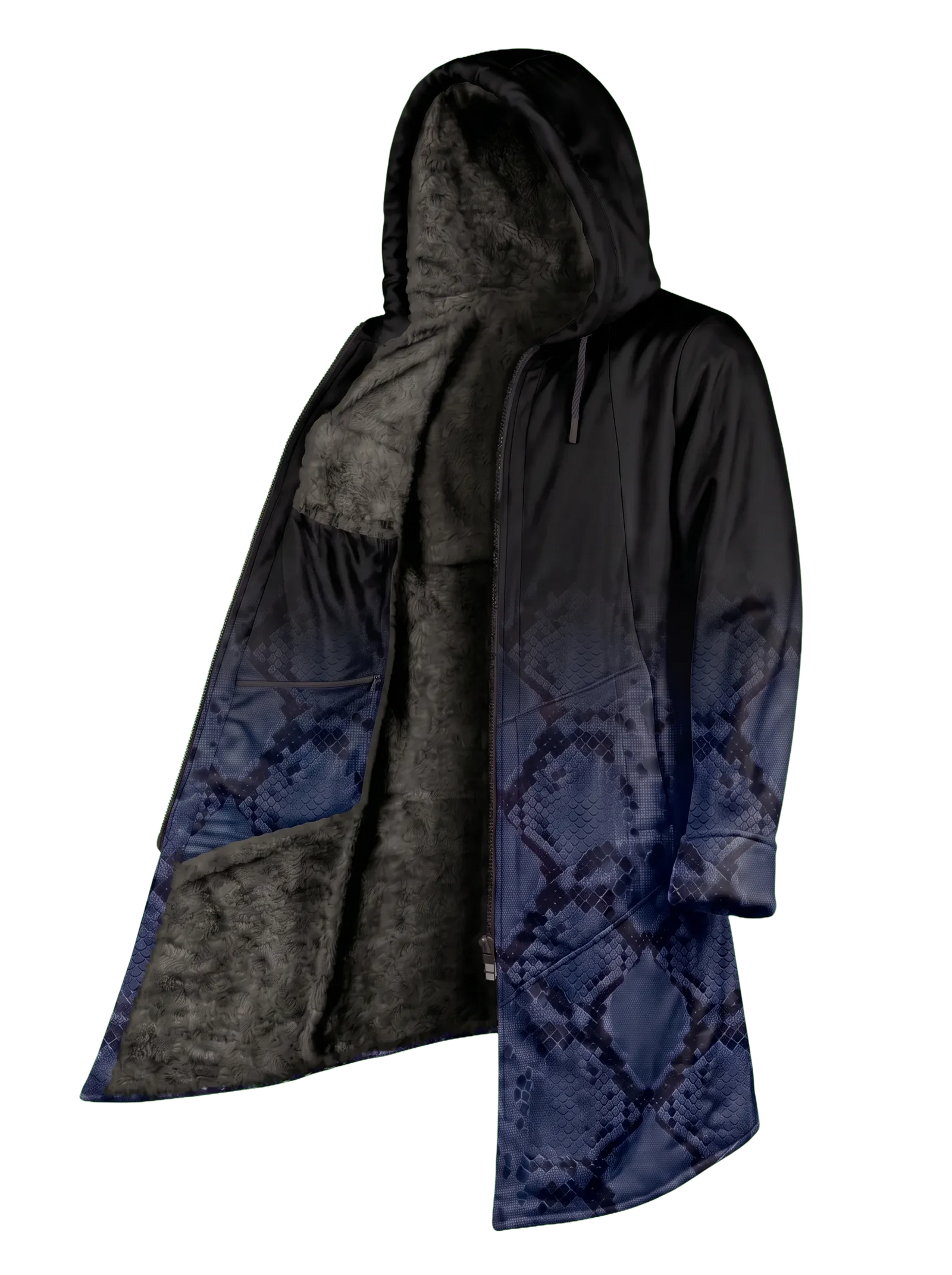 Blue Snake Ombré Cyber Cloak Hooded pullover Electro Threads Long Sleeve XXS Black Sherpa