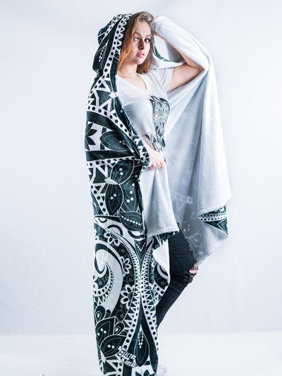 Black and White Mandala Hooded Blanket Hooded Blanket Electro Threads ADULT 60"X80" MICRO FLEECE