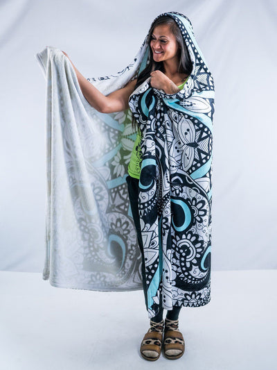Black, Teal, and White Mandala Hooded Blanket Hooded Blanket Electro Threads