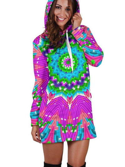 Color Blocks Mandala Hooded Dress Hoodie Dress T6