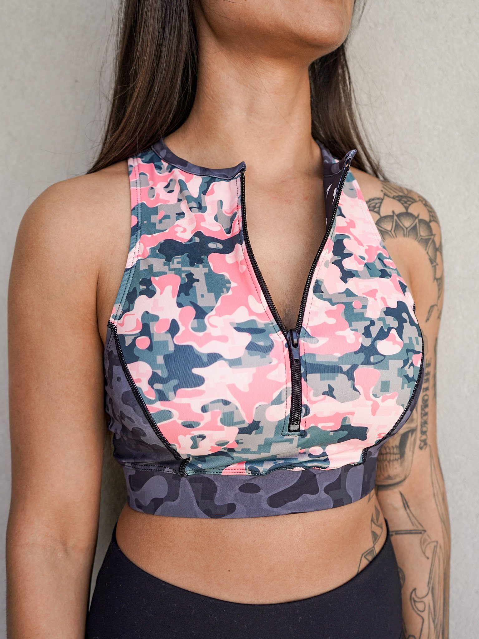 Coral Camo Zip Up Sports Bra - Electro Threads