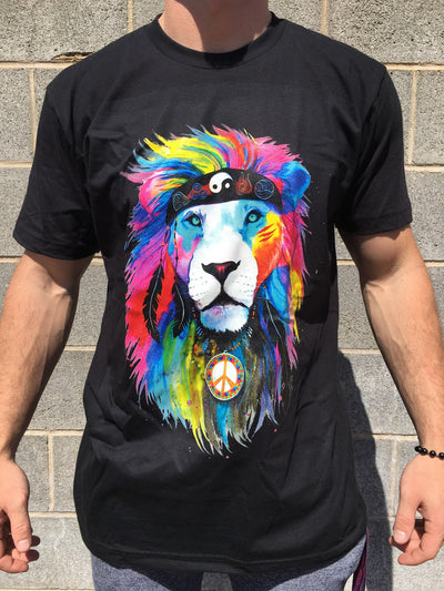 Hippie Lion Black Unisex Crew T-Shirts Electro Threads