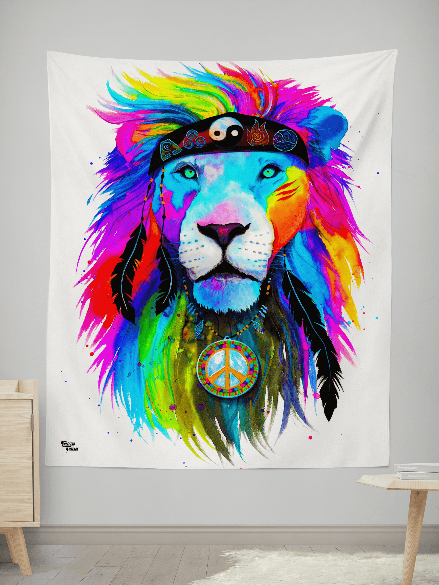 Hippie Lion Wall Tapestry Tapestry Electro Threads SMALL: 32" x 42" 
