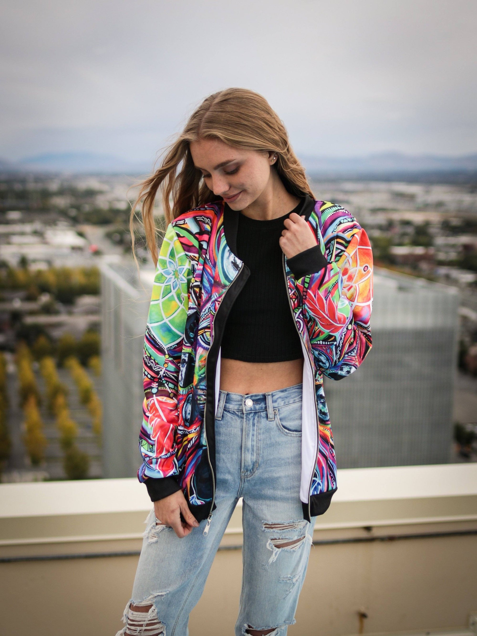 Trendy Bright Colorful Neon Rainbow Spotted Fashion Bomber Jacket