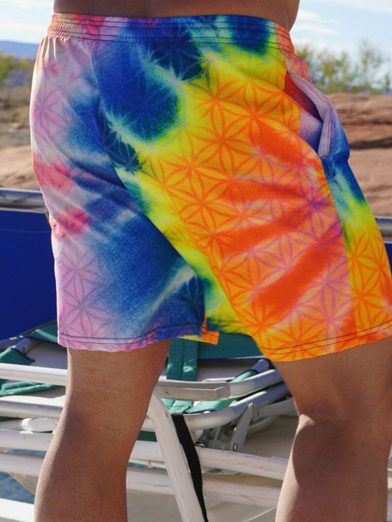 Neon Flower Of Life Tie Dye Swim Trunks Mens Swim Trunks Electro Threads 