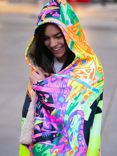 Neon Trippy Skull Hooded Blanket Hooded Blanket Electro Threads