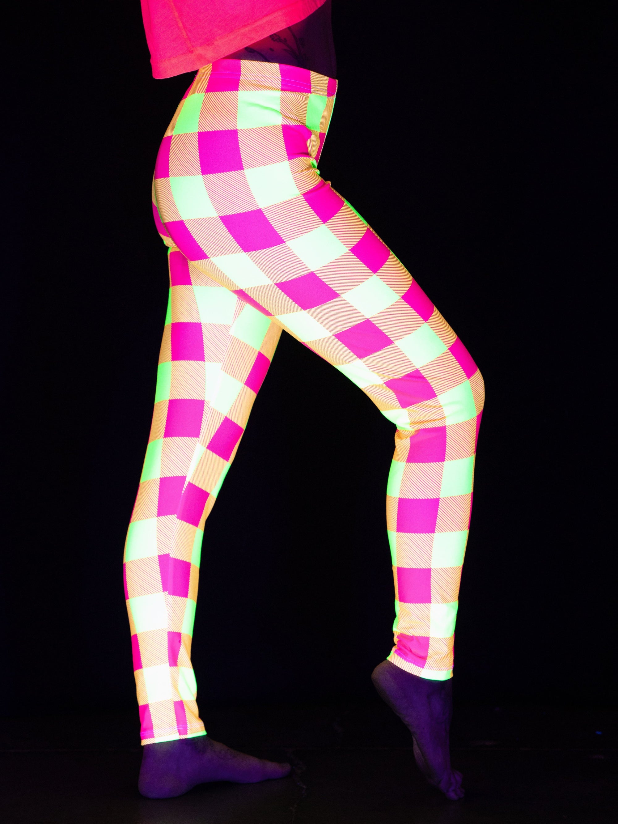 Neon Yellow & Pink Plaid Tights Tights T6 