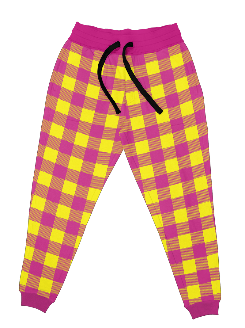 Neon Yellow & Pink Plaid Unisex Joggers Jogger Pant T6 